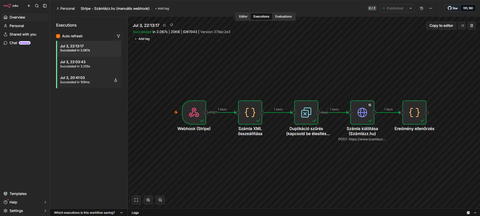 n8n workflow: Stripe fizetés érkezésekor automatikus számla kiállítás a Számlázz.hu felületén