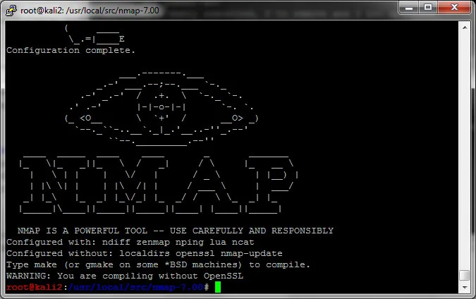 Nmap telepítése és fordítása terminálban, a konfiguráció befejezett kimenetével