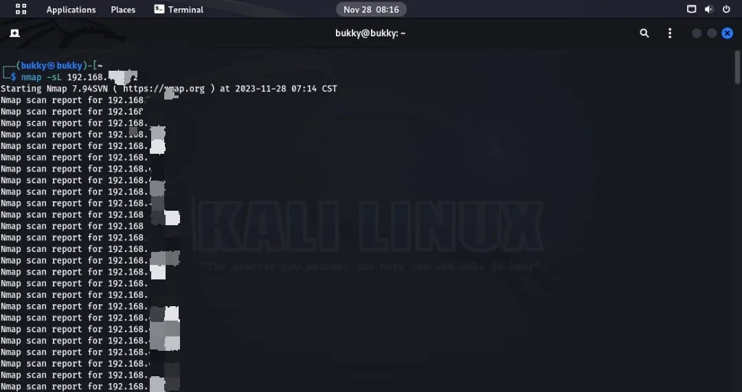 Nmap -sL parancs kimenete Kali Linux terminálban, hálózati inventár készítése